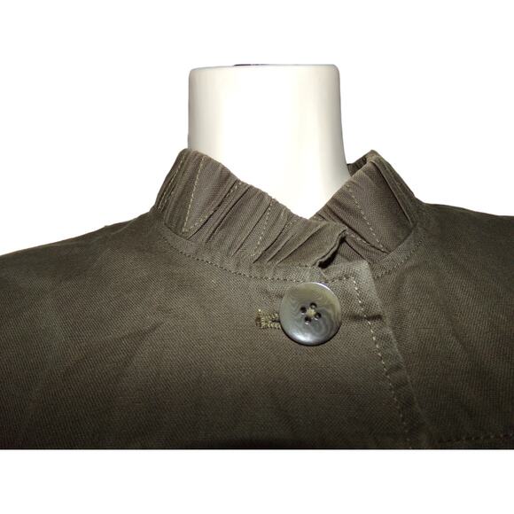 Coldwater Creek Classic army green linen/cotton‎ blouse/jacket 10 Ruffled neck - Picture 3 of 5